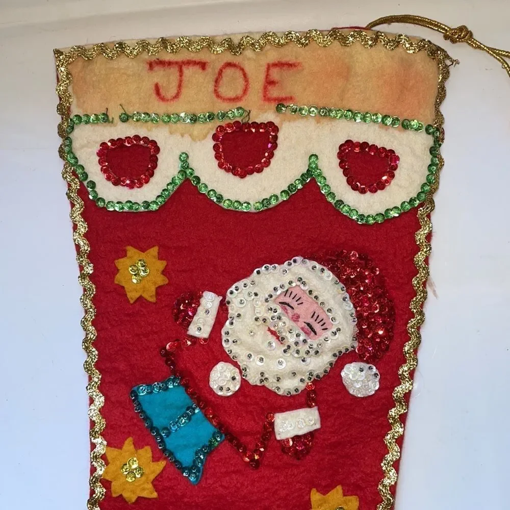 Vintage sequined felt Christmas stocking with‎ Santa Claus & a snowman